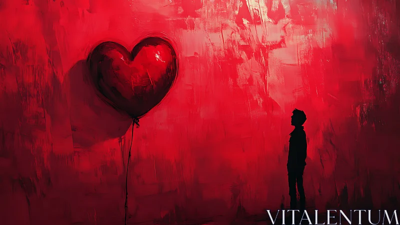 Solitary figure gazes at heart-shaped balloon in vivid red abstraction.