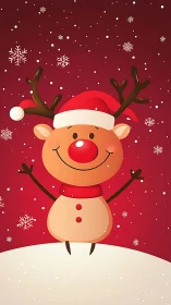 Cartoon reindeer in Santa hat on red snowy background.