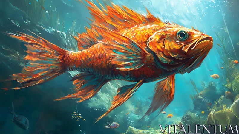 Vivid orange fish glides through sunlit underwater reef
