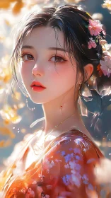 Ethereal kimono portrait in soft bokeh floral illumination.