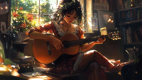 Sunlit guitarist fills warm studio with soft acoustic melody.