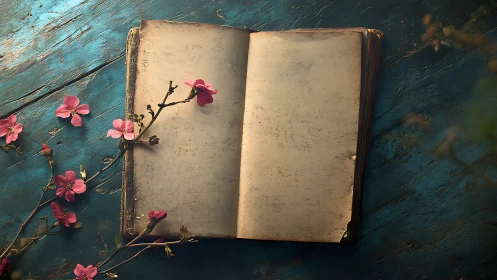 Open vintage book lies on teal wood with pink blossoms