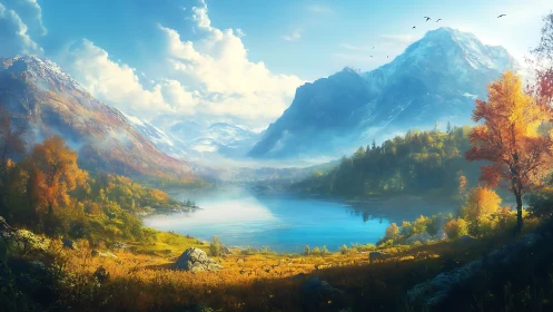 Mountain lake landscape with autumn forest and distant peaks.