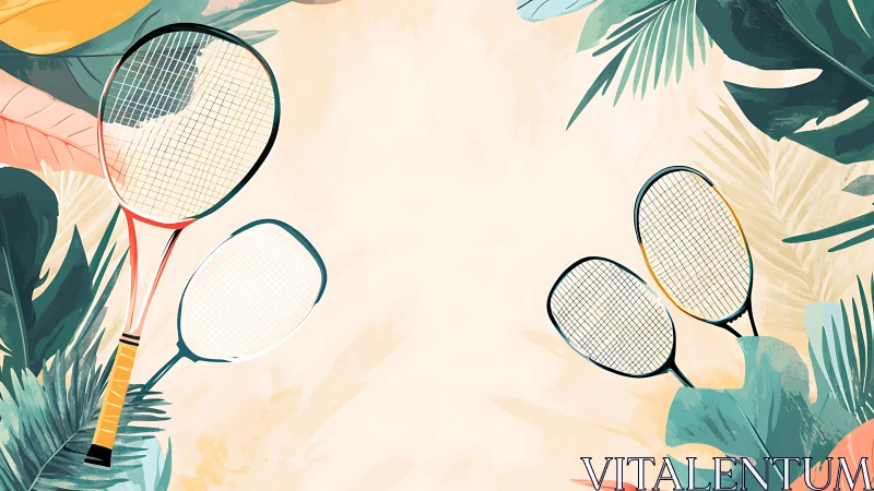 Badminton rackets with tropical leaves on pastel ground.