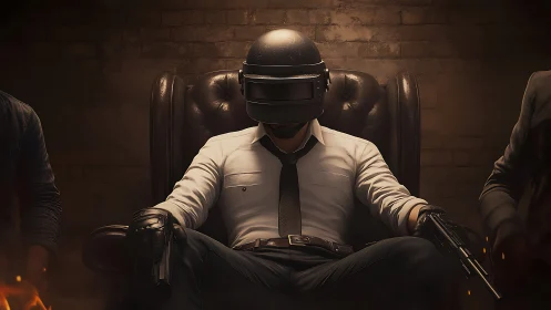 Helmeted tactician lounges like a quiet storm before battle