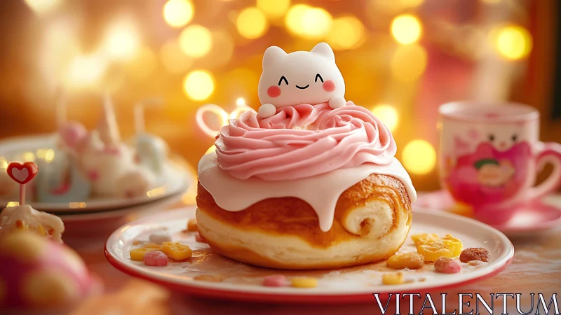 Decorated pastry with cat figurine and frosting