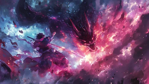 Swordsman confronts fiery spectral dragon amid swirling clouds