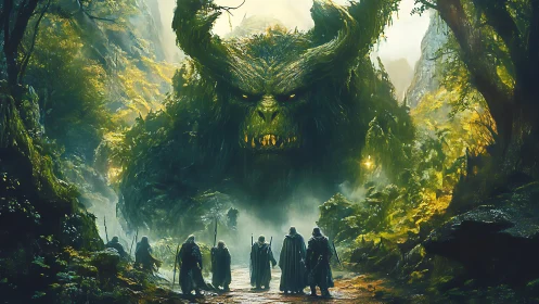 Forest colossus stares down cloaked wanderers at misty gorge.