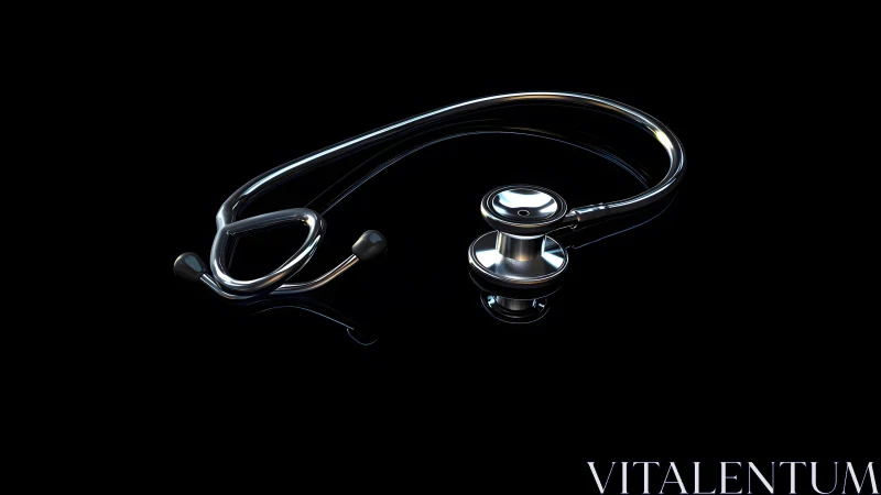 Shiny steel stethoscope on black background, modern medical concept.