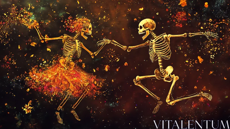 Dancing skeleton lovers twirling through autumn stardust.