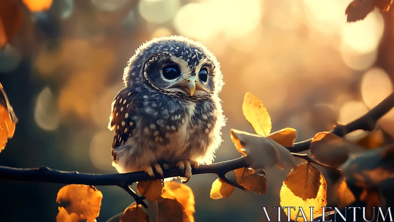 Adorable Baby Owl on Branch Amid Autumn Leaves in Soft Light.