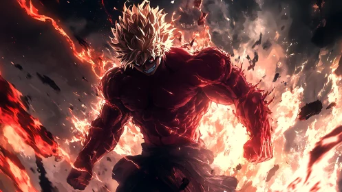 Muscular anime warrior emerging from intense fiery blast.