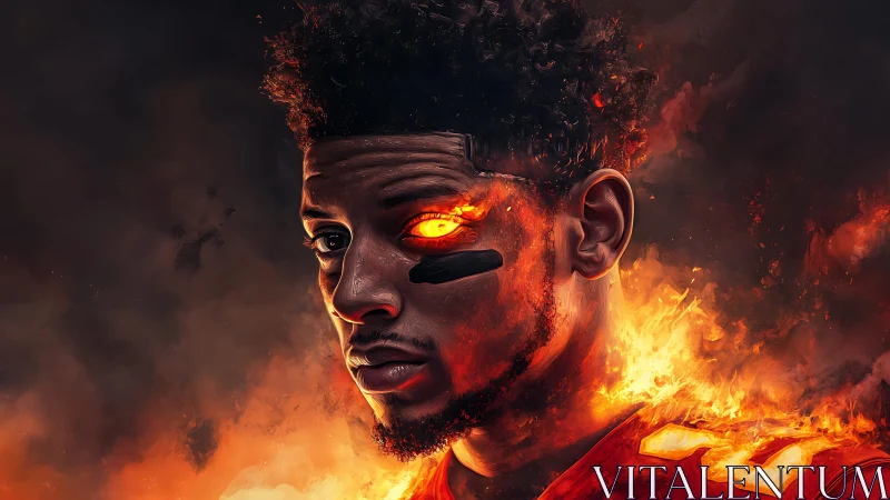 Fiery gridiron warrior portrait with molten cyber eye glow.