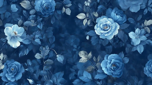 Blue Floral Composition with Roses and Botanical Elements