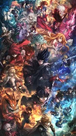 Dynamic multi-character elemental anime battle composition