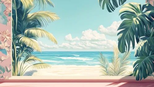 Sunlit tropical window view opening onto a gentle beach.