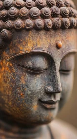 Weathered Buddha close‑up glowing with quiet bronze serenity.