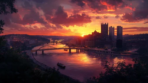 Sunset illuminates a riverfront city skyline and bridges