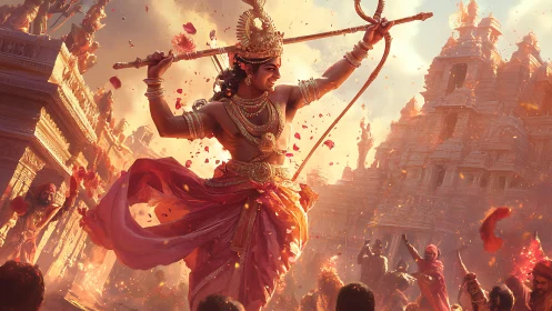 Sunlit warrior-god whirls flaming arrows through temple skies