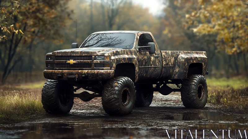 Lifted camouflage Chevy truck with oversized mud tires in wet forest