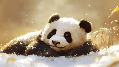 Snowlit juvenile panda resting in shallow winter meadow glow