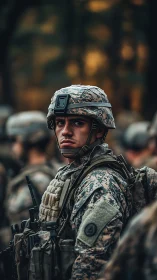 Photorealistic military portrait with shallow depth of field.