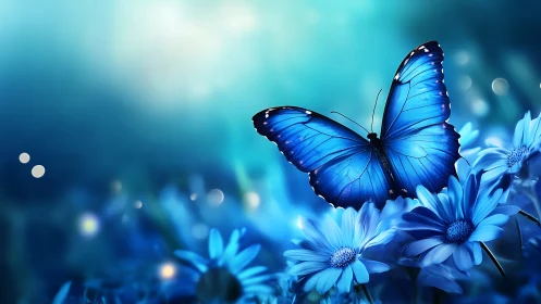 Blue butterfly on composite flowers in cool-toned field.