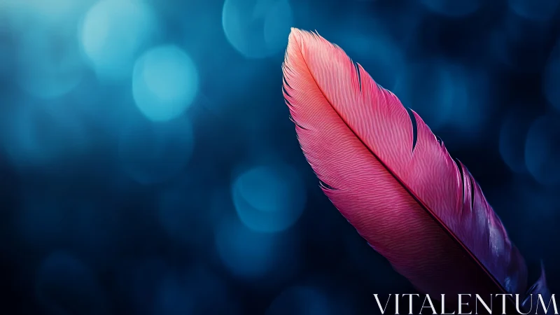 Single pink feather on blue defocused circular background.