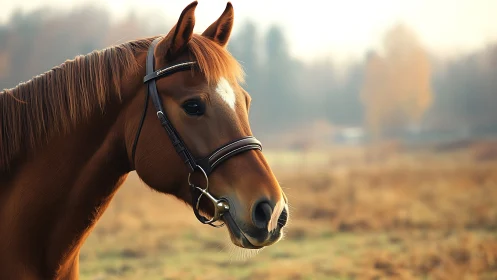 Chestnut horse portrait under soft golden morning light.