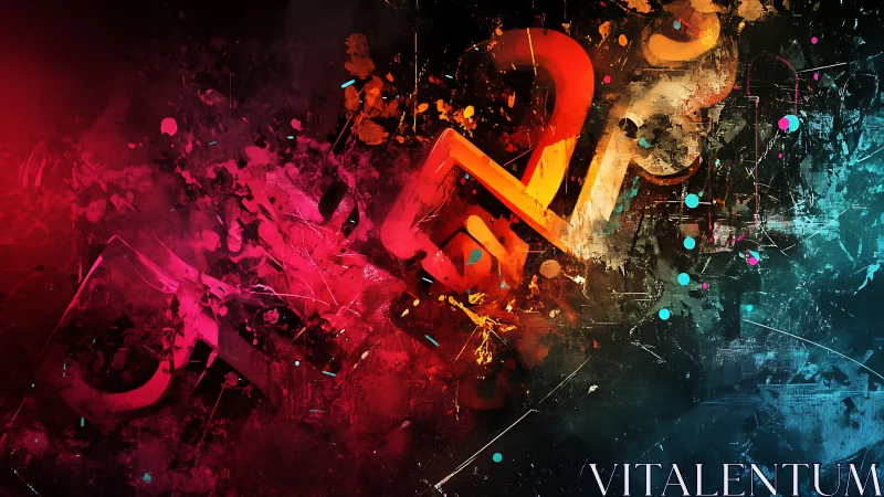 Abstract neon glyphs cut through chaotic color storm.