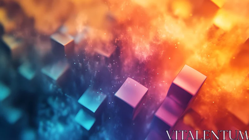 Abstract 3D cubes floating in colorful orange and blue mist.