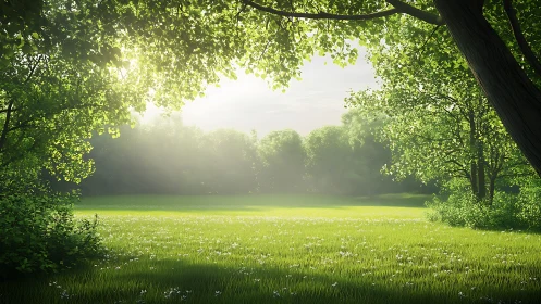 Sunlit grassy clearing framed by dense leafy woodland canopy.