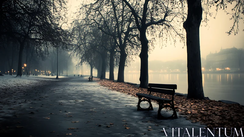 Winter riverside park benches in misty cinematic light.