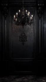 Black chandelier hangs over ornate dark paneled wall