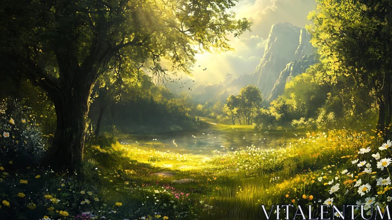 Sunlit forest meadow surrounds reflective mountain pond