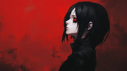 Side-profile anime portrait with red eye on crimson ground