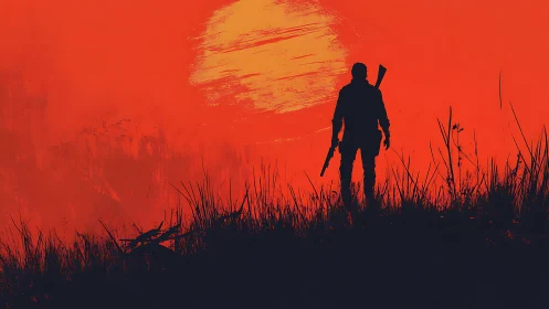 Silhouetted lone wanderer against textured crimson sunset field.