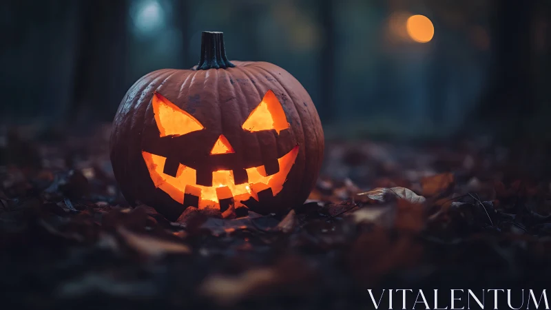 Moody forest jack-o’-lantern in shallow depth-of-field study.