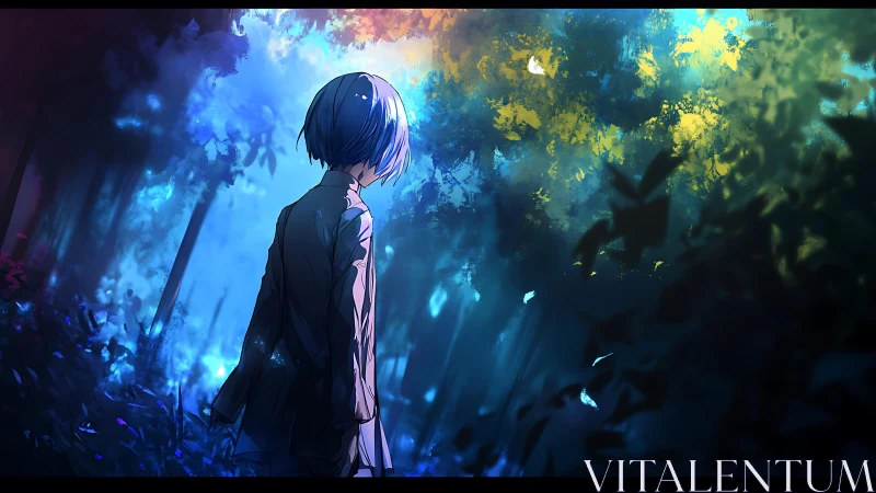 Solitary blue-haired figure in luminous twilight forest.