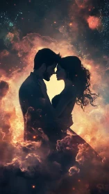Twin Souls Ablaze: Silhouetted Passion Ignites Cosmic Inferno.