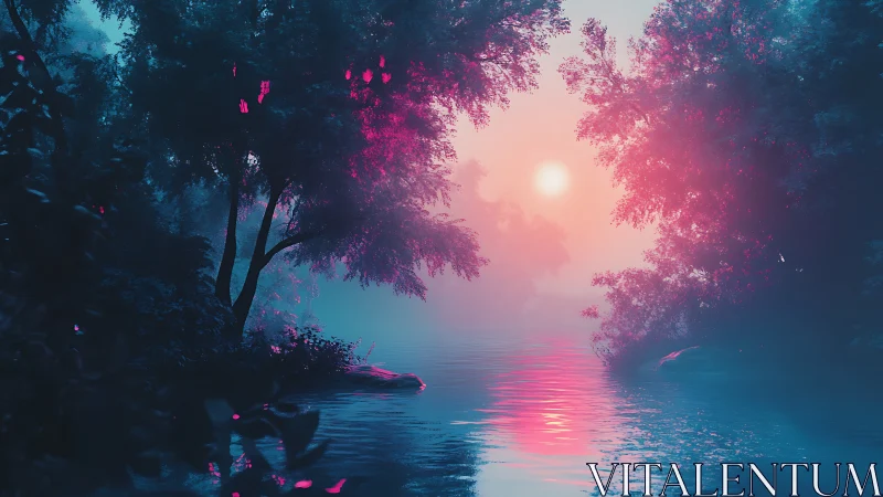 Dreamlike neon river at dusk beneath misty forest canopy.