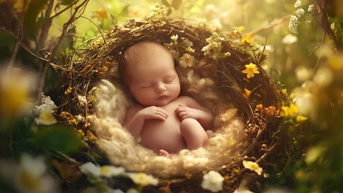 Newborn baby sleeping in floral nest with soft golden bokeh