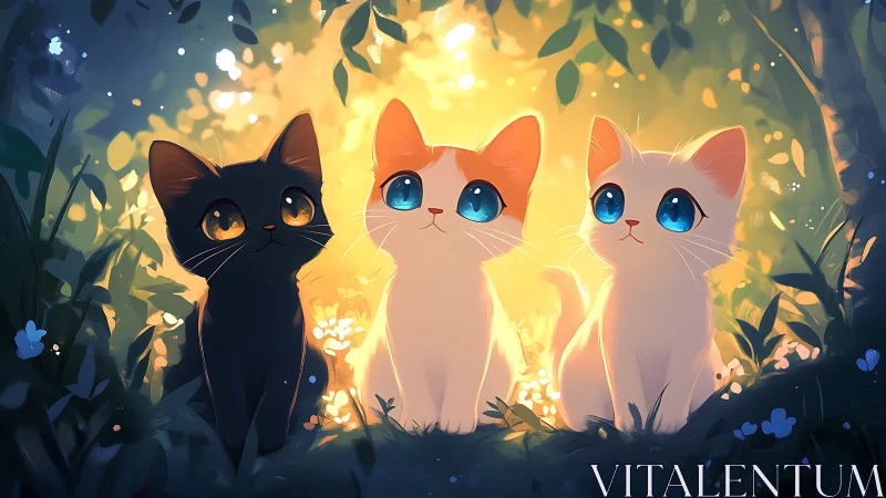 Three Glowing Cats in Enchanted Forest Clearing
