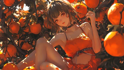 Sunlit girl in an orange grove rests in a warm, gentle glow