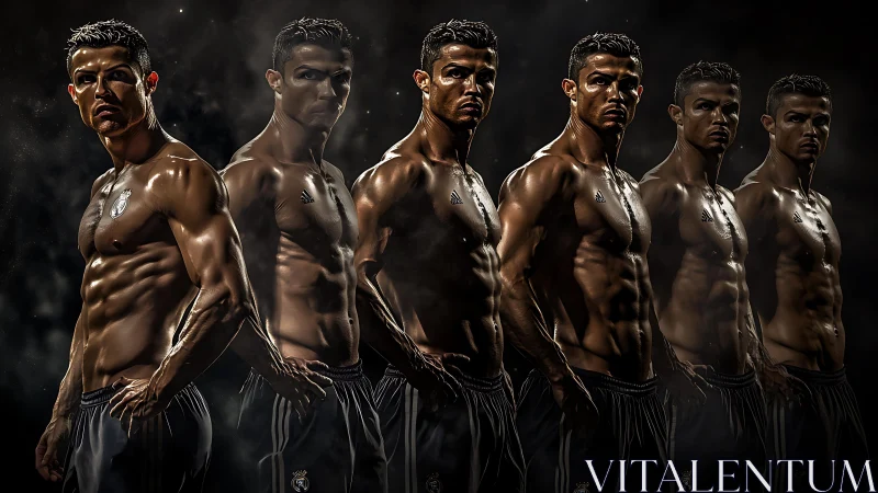 Shirtless male athlete repeated six times in dramatic lighting