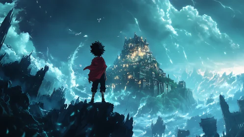 Lone wanderer confronts luminous fortress above ruins