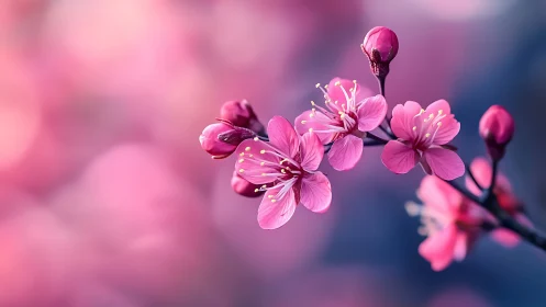 Macro Photography of Pink Cherry Blossoms with Selective Focus and Gradient Blue-Pink Bokeh Backgrou