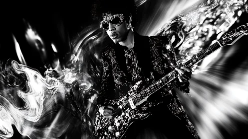 Monochrome electric guitarist framed by dynamic liquid light