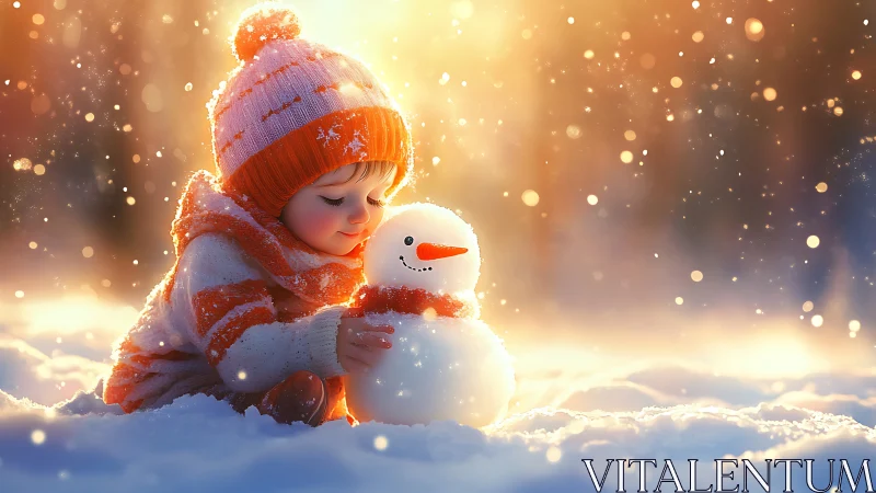 Snow-kissed toddler whispers secrets to a glowing snowman