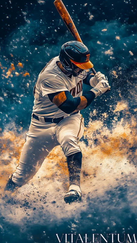 Digital illustration of baseball batter mid-swing with dust cloud.